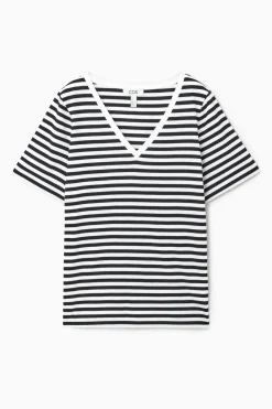 Best COS 24/7 V-NECK T-SHIRT BLACK / WHITE / STRIPED