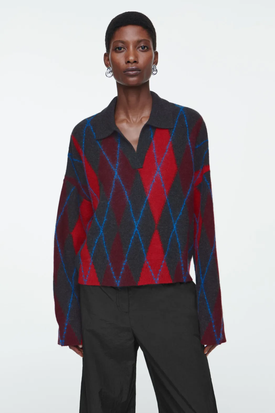 New COS ARGYLE WOOL POLO SWEATER RED / ARGYLE