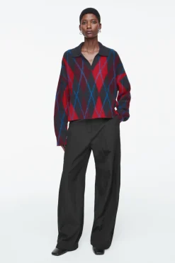 New COS ARGYLE WOOL POLO SWEATER RED / ARGYLE