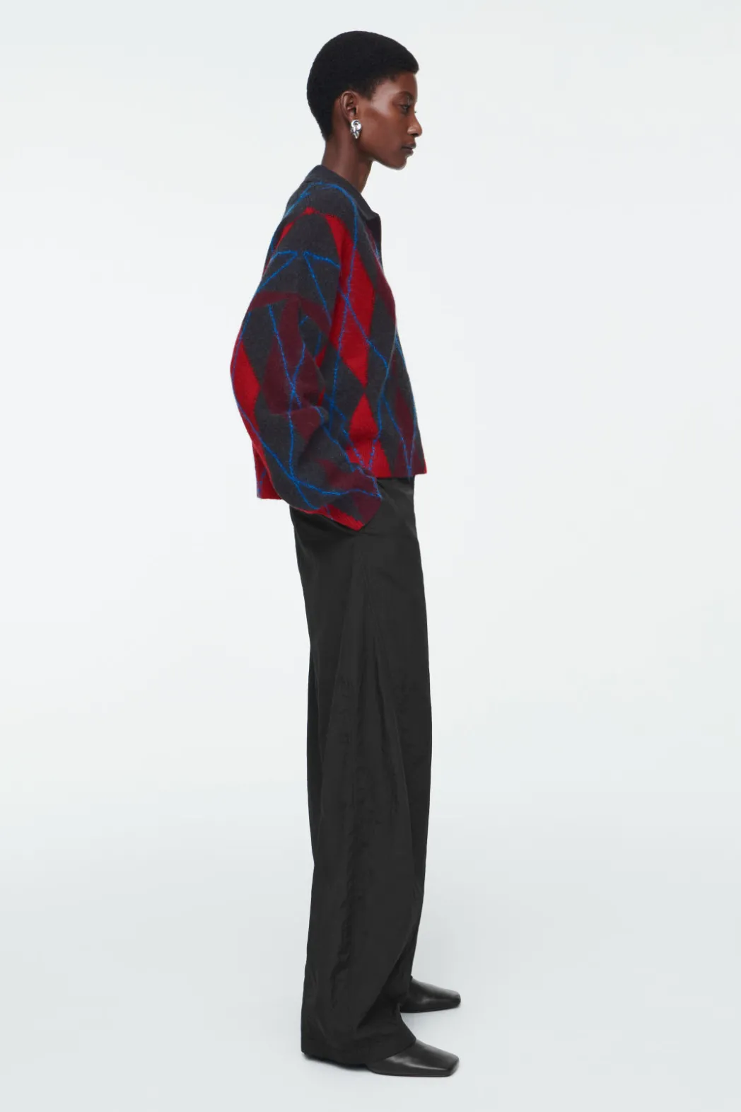 New COS ARGYLE WOOL POLO SWEATER RED / ARGYLE