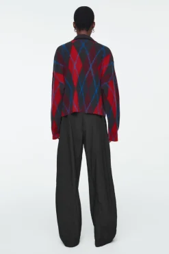 New COS ARGYLE WOOL POLO SWEATER RED / ARGYLE