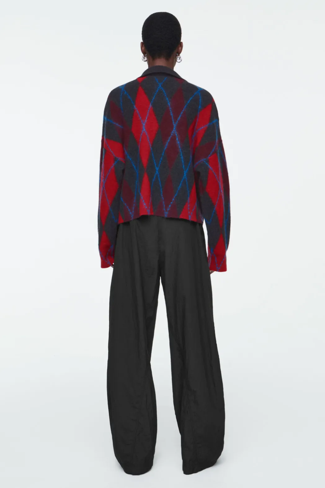 New COS ARGYLE WOOL POLO SWEATER RED / ARGYLE