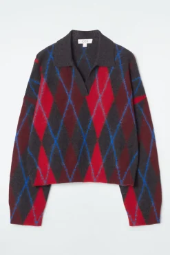 New COS ARGYLE WOOL POLO SWEATER RED / ARGYLE