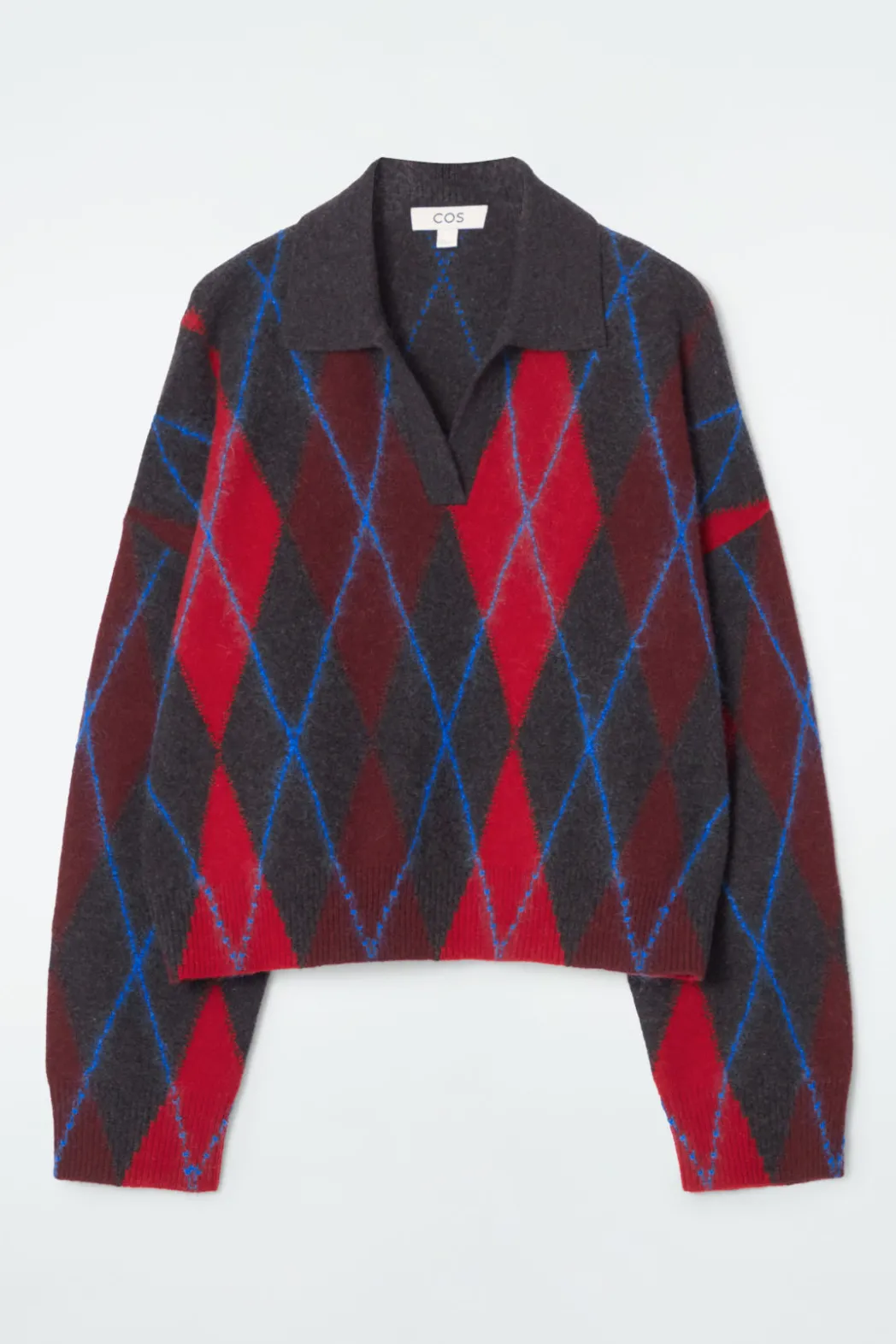 New COS ARGYLE WOOL POLO SWEATER RED / ARGYLE
