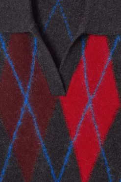 New COS ARGYLE WOOL POLO SWEATER RED / ARGYLE
