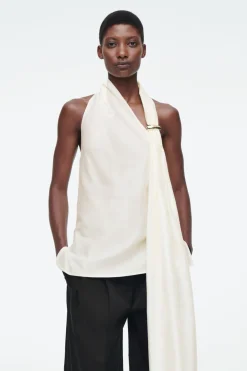 New COS ASYMMETRIC BROOCH-DETAIL BLOUSE IVORY