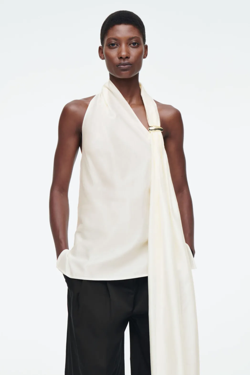 New COS ASYMMETRIC BROOCH-DETAIL BLOUSE IVORY