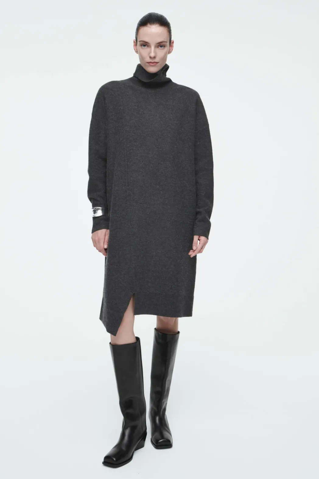 New COS ASYMMETRIC MERINO WOOL DRESS DARK GRAY
