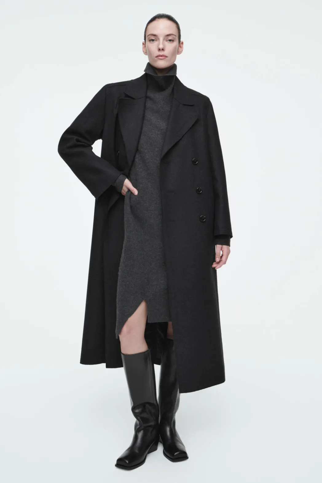 New COS ASYMMETRIC MERINO WOOL DRESS DARK GRAY