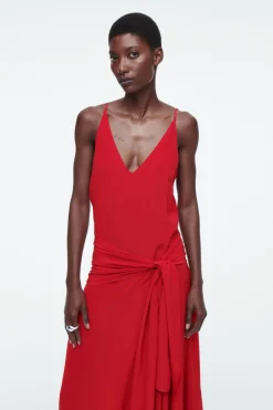 Discount COS ASYMMETRIC TIE-WAIST SILK DRESS RED