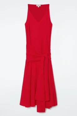 Discount COS ASYMMETRIC TIE-WAIST SILK DRESS RED