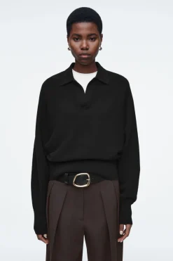 Clearance COS BATWING-SLEEVE WOOL POLO SWEATER BLACK