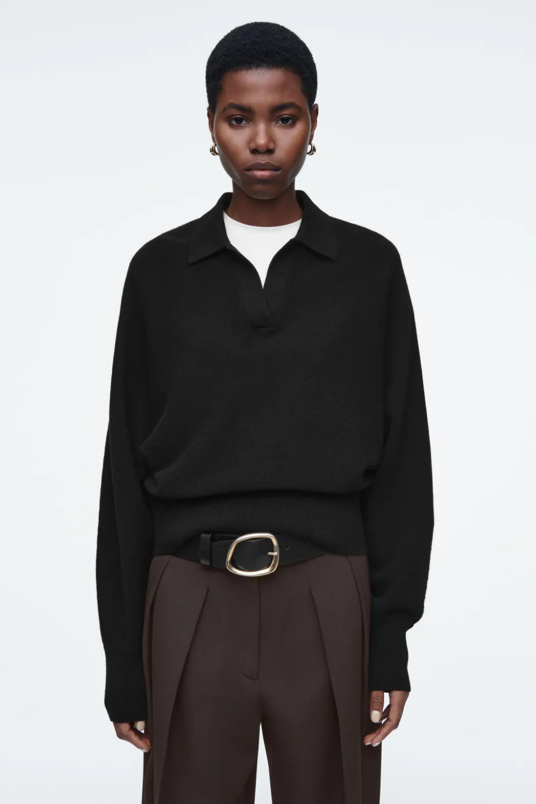 Clearance COS BATWING-SLEEVE WOOL POLO SWEATER BLACK