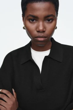 Clearance COS BATWING-SLEEVE WOOL POLO SWEATER BLACK