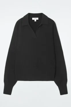Clearance COS BATWING-SLEEVE WOOL POLO SWEATER BLACK