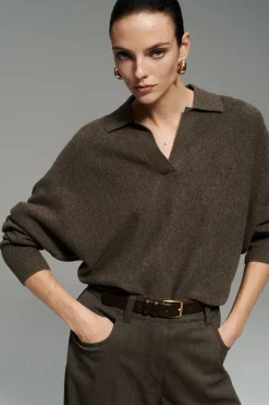Online COS BATWING-SLEEVE WOOL POLO SWEATER BROWN