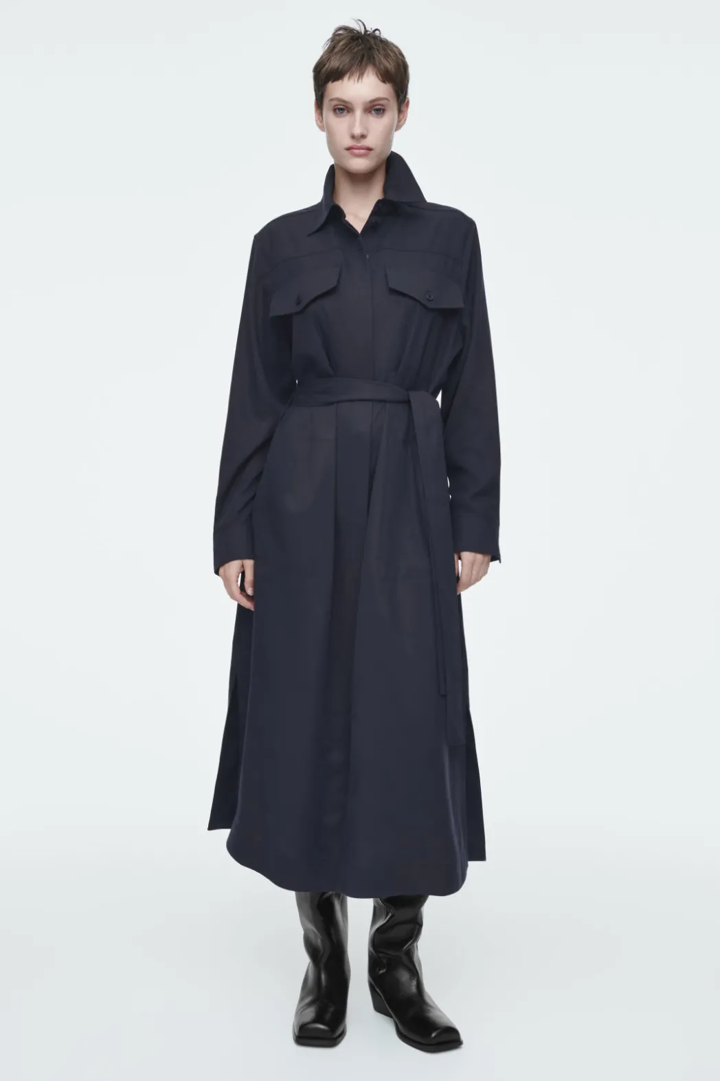 COS BELTED MIDI SHIRT DRESS NAVY