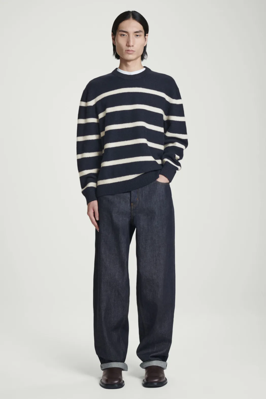 Sale COS BOILED-WOOL CREW-NECK SWEATER NAVY / STRIPED