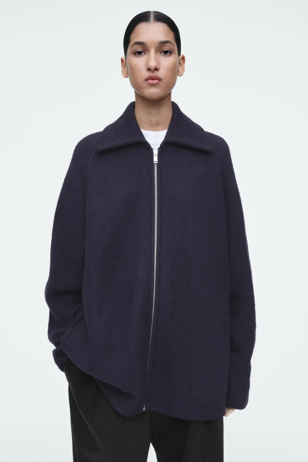 COS BOILED-WOOL ZIPPED JACKET NAVY