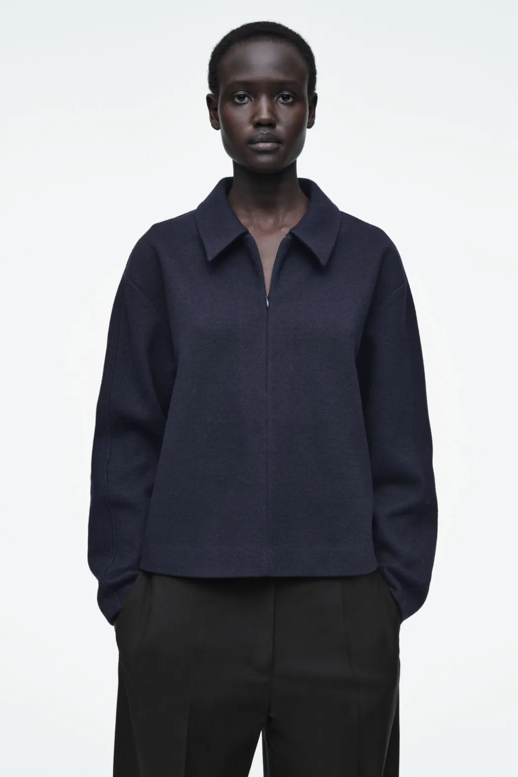 COS BOILED-WOOL ZIP-UP CARDIGAN NAVY