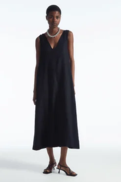 New COS BOW-DETAIL LINEN MIDI DRESS NAVY BLUE