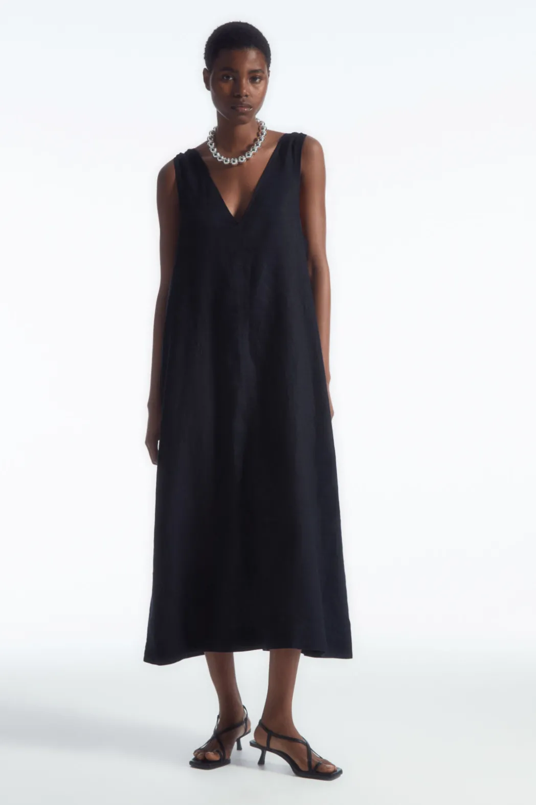 New COS BOW-DETAIL LINEN MIDI DRESS NAVY BLUE