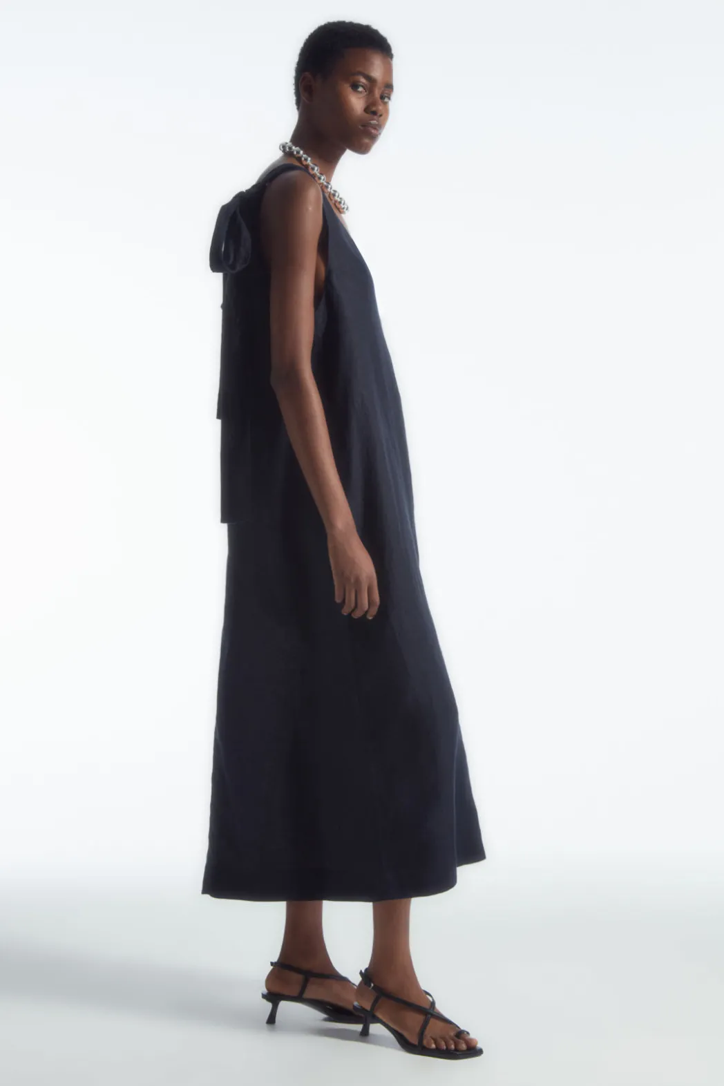 New COS BOW-DETAIL LINEN MIDI DRESS NAVY BLUE