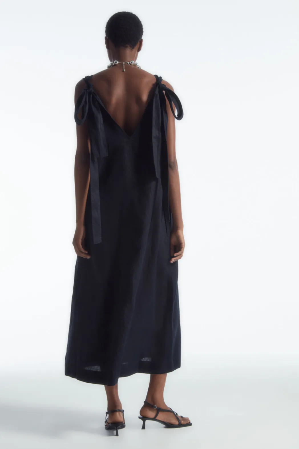 New COS BOW-DETAIL LINEN MIDI DRESS NAVY BLUE