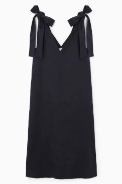 New COS BOW-DETAIL LINEN MIDI DRESS NAVY BLUE