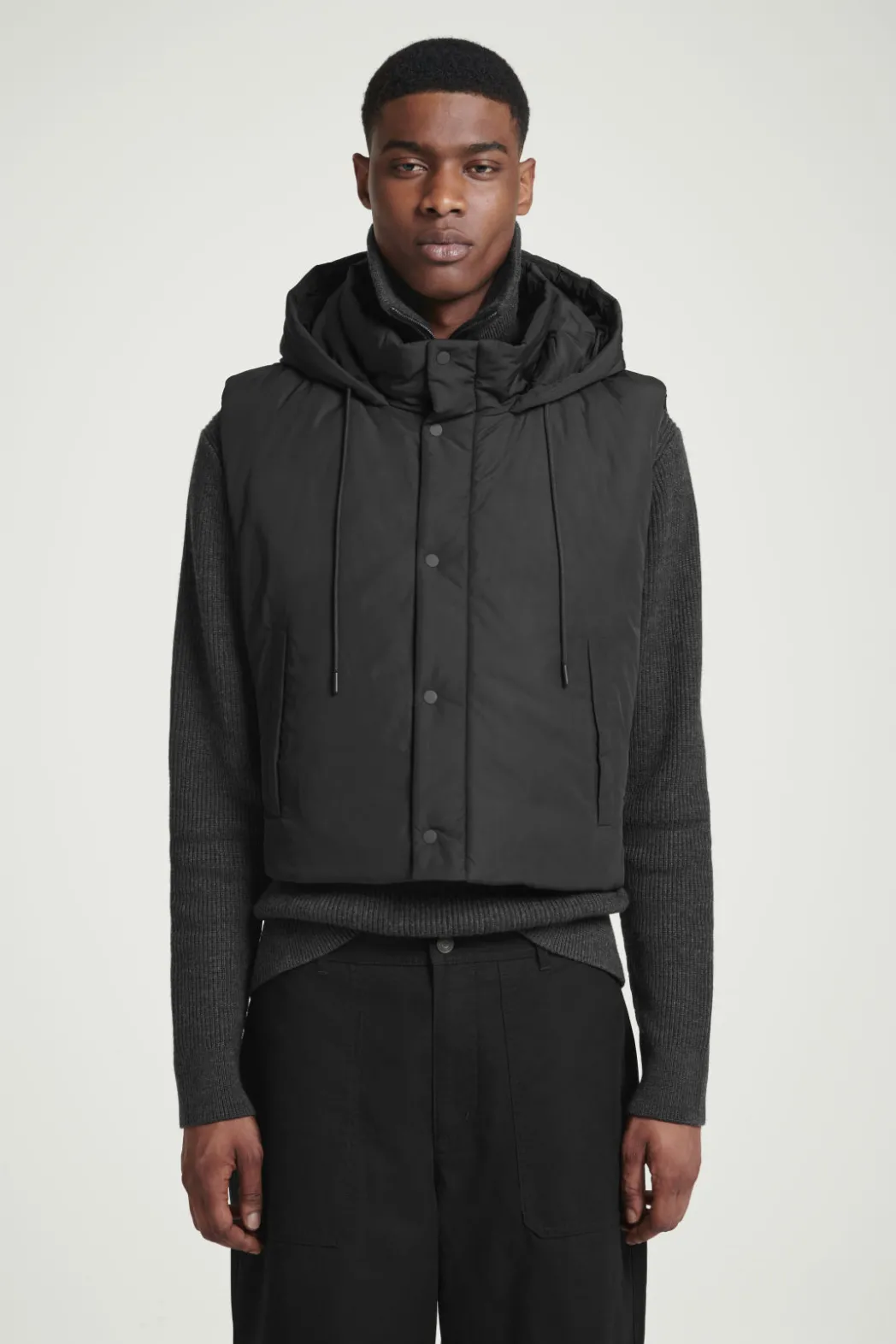 New COS BUCKLED-SIDE PADDED HOODED VEST BLACK