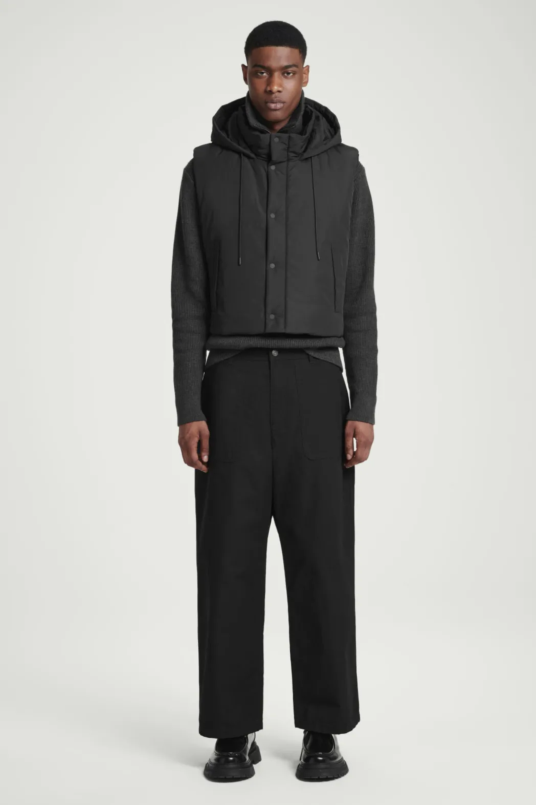 New COS BUCKLED-SIDE PADDED HOODED VEST BLACK