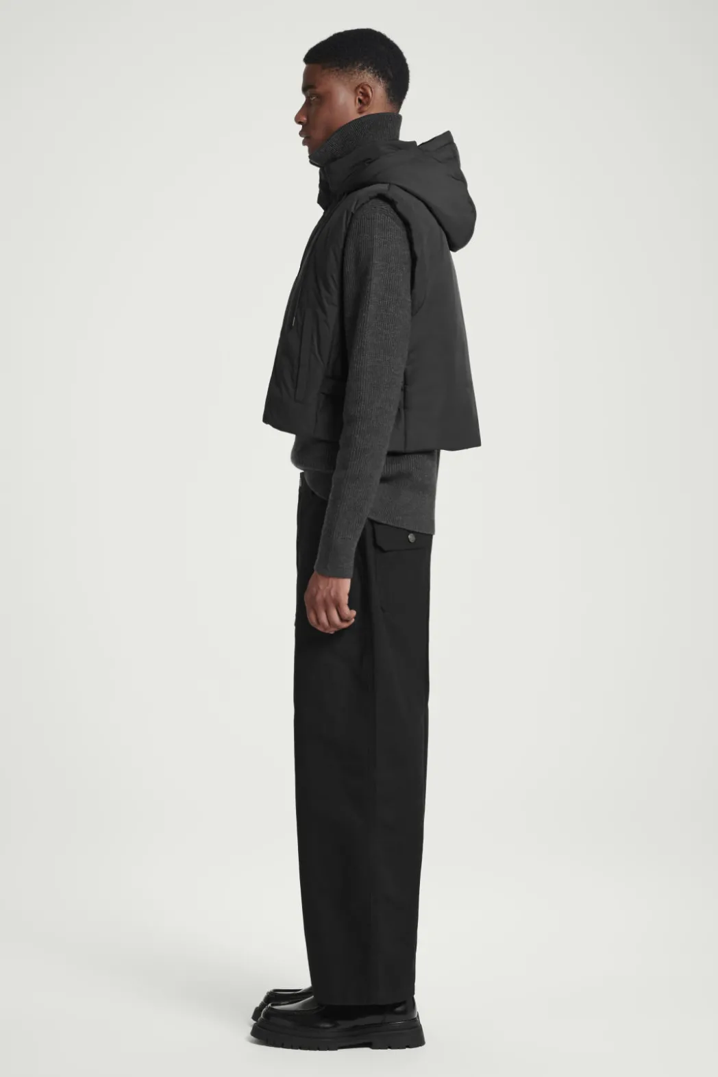 New COS BUCKLED-SIDE PADDED HOODED VEST BLACK