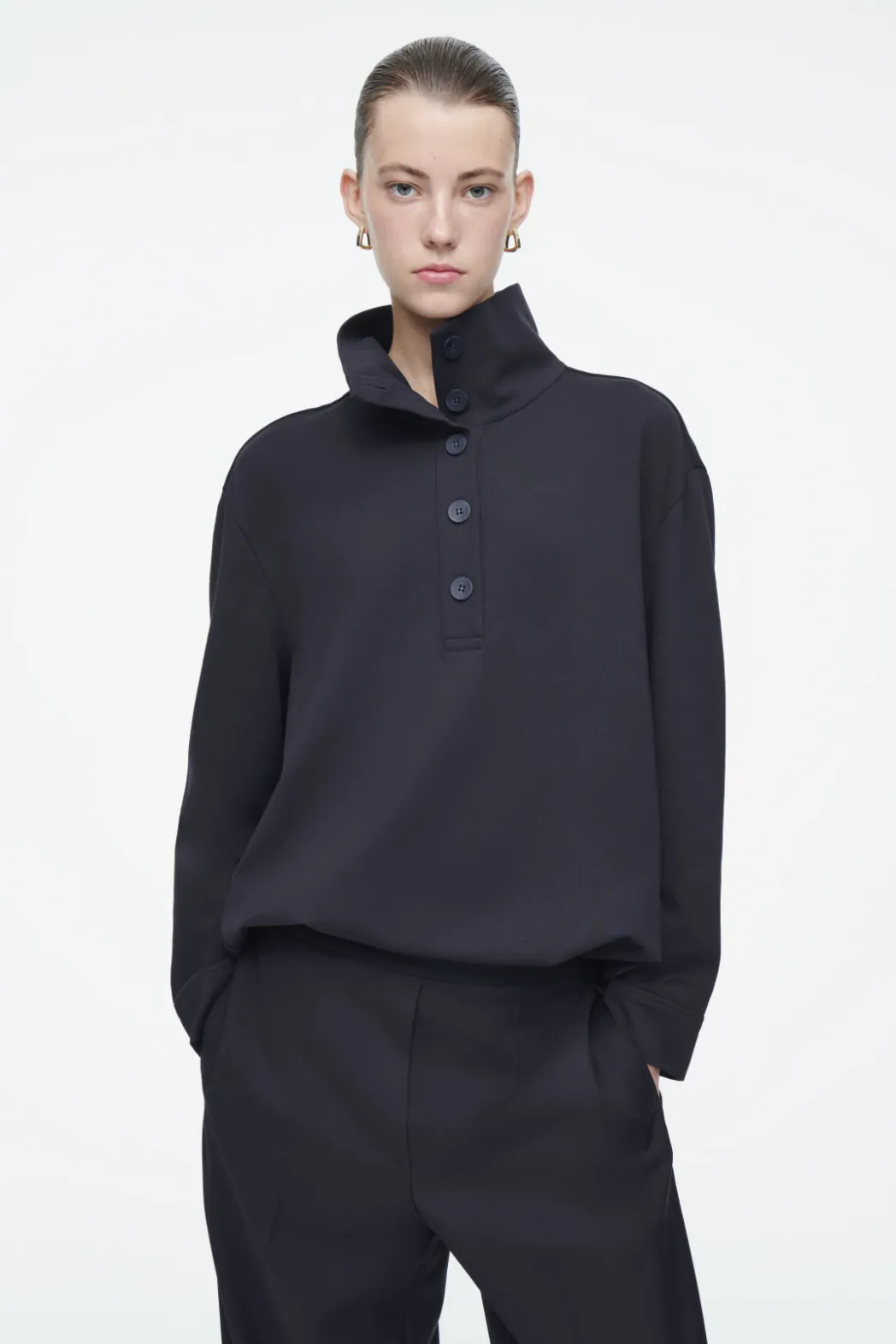 Sale COS BUTTONED FUNNEL-NECK TOP NAVY