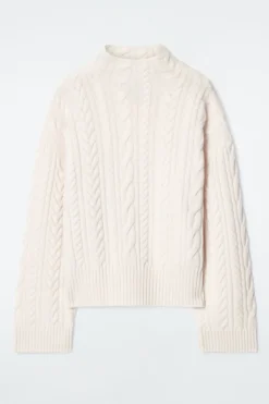 Hot COS CABLE-KNIT WOOL FUNNEL-NECK SWEATER IVORY