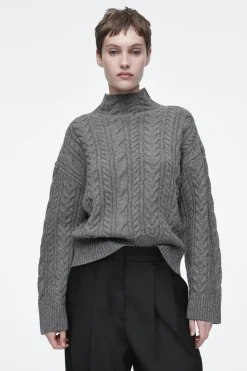COS CABLE-KNIT WOOL FUNNEL-NECK SWEATER GRAY