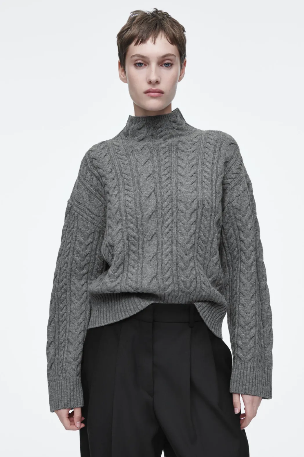 COS CABLE-KNIT WOOL FUNNEL-NECK SWEATER GRAY