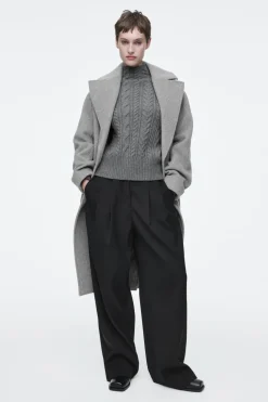 COS CABLE-KNIT WOOL FUNNEL-NECK SWEATER GRAY