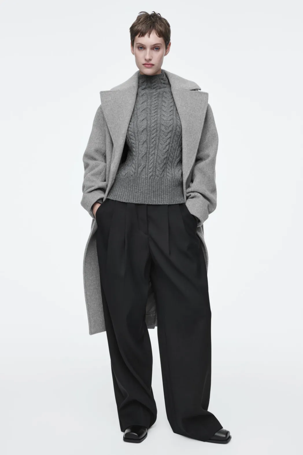 COS CABLE-KNIT WOOL FUNNEL-NECK SWEATER GRAY