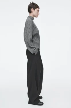 COS CABLE-KNIT WOOL FUNNEL-NECK SWEATER GRAY
