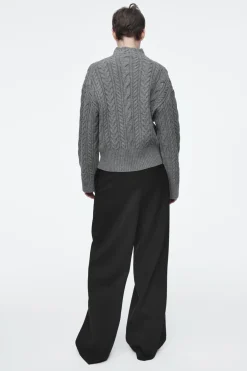 COS CABLE-KNIT WOOL FUNNEL-NECK SWEATER GRAY