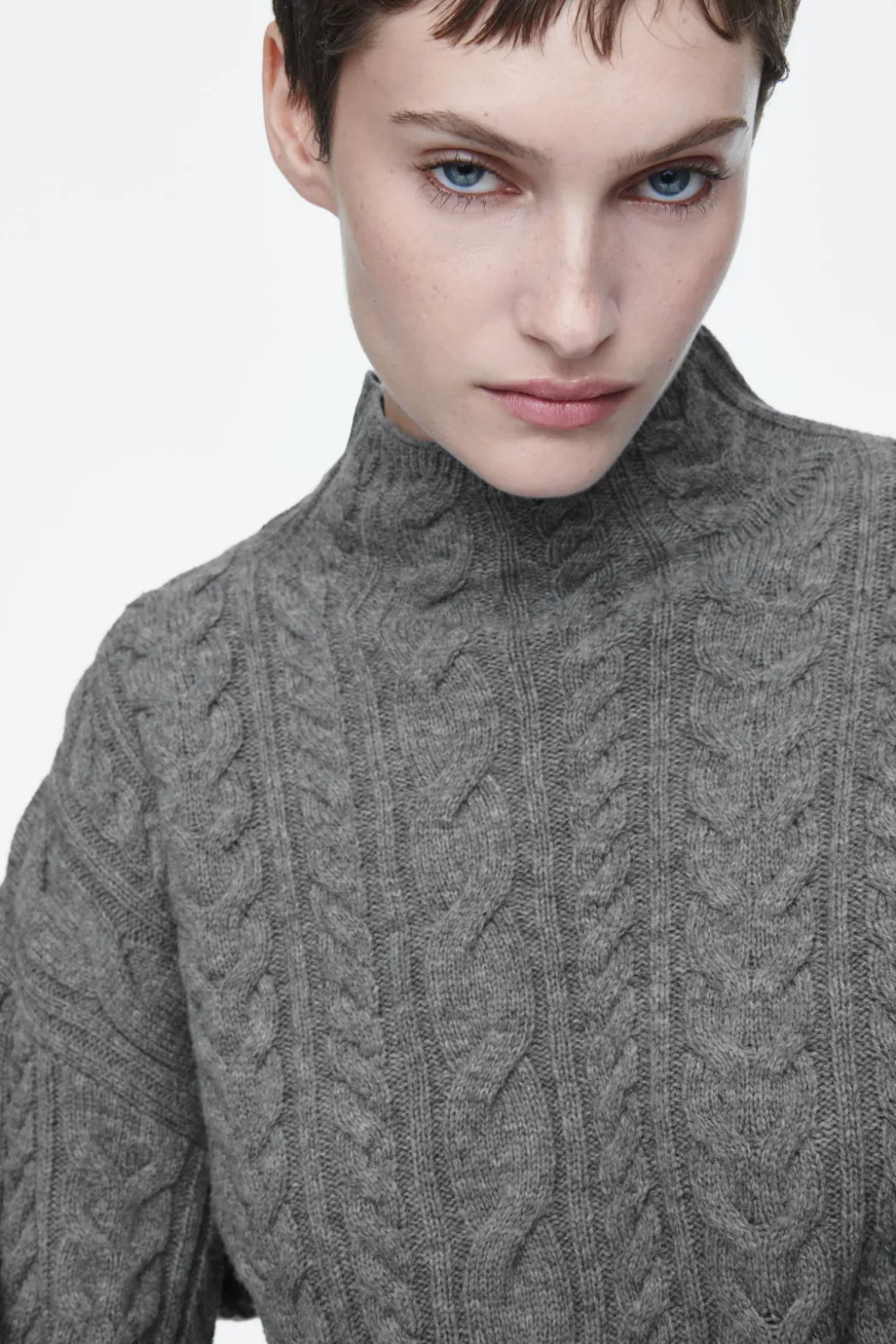 COS CABLE-KNIT WOOL FUNNEL-NECK SWEATER GRAY
