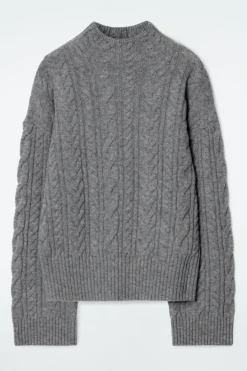 COS CABLE-KNIT WOOL FUNNEL-NECK SWEATER GRAY