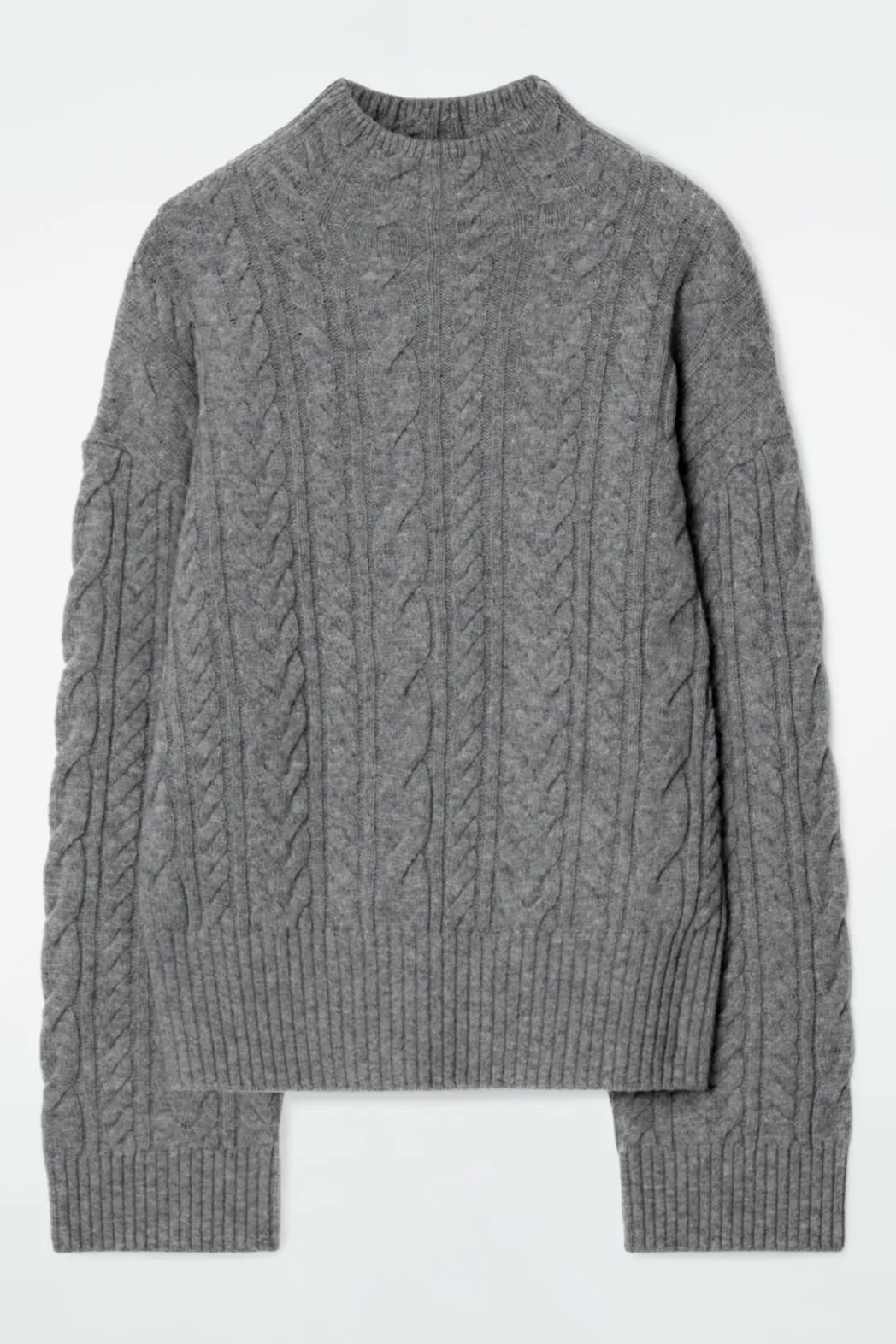 COS CABLE-KNIT WOOL FUNNEL-NECK SWEATER GRAY