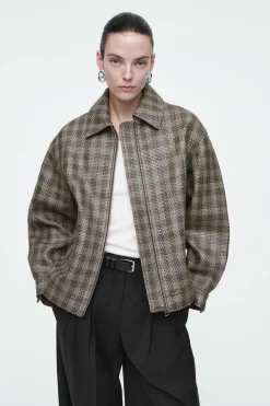 Outlet COS CHECKED WOVEN LEATHER JACKET KHAKI / CHECKED