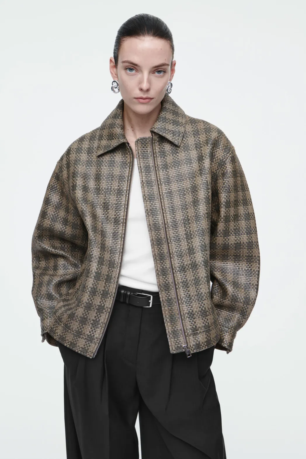 Outlet COS CHECKED WOVEN LEATHER JACKET KHAKI / CHECKED