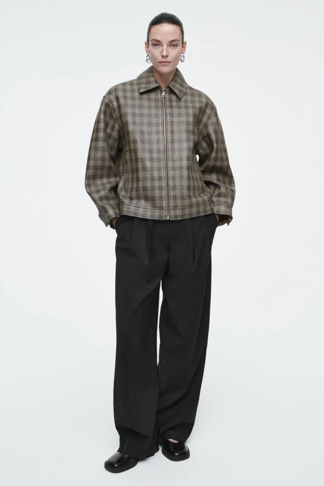 Outlet COS CHECKED WOVEN LEATHER JACKET KHAKI / CHECKED