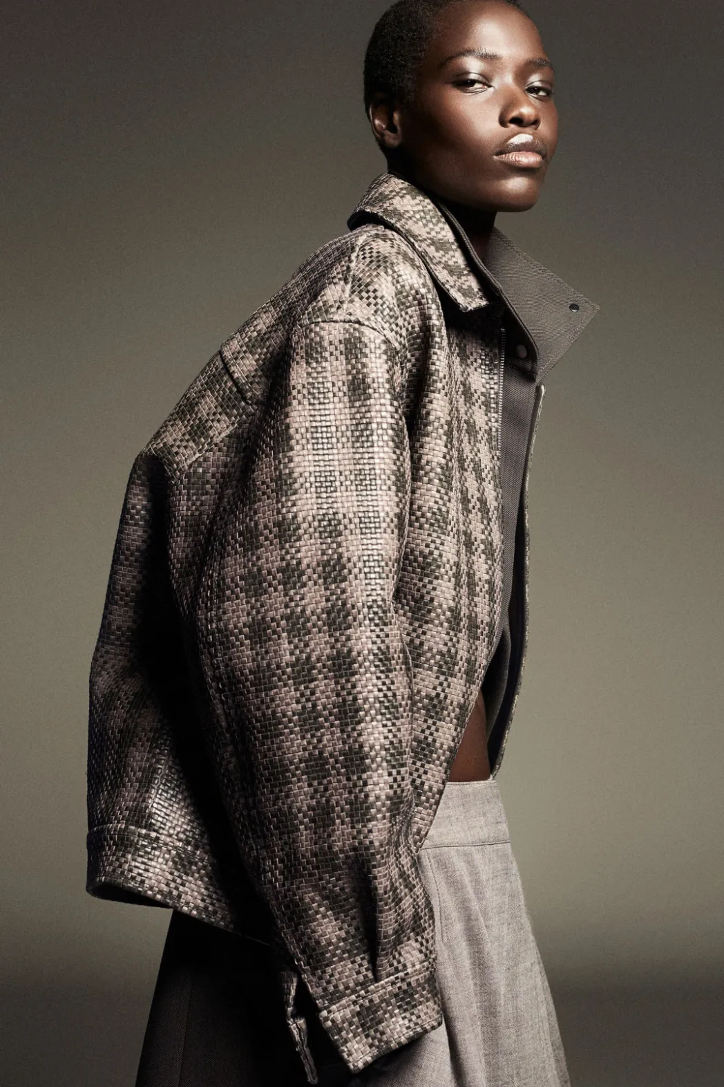 Outlet COS CHECKED WOVEN LEATHER JACKET KHAKI / CHECKED