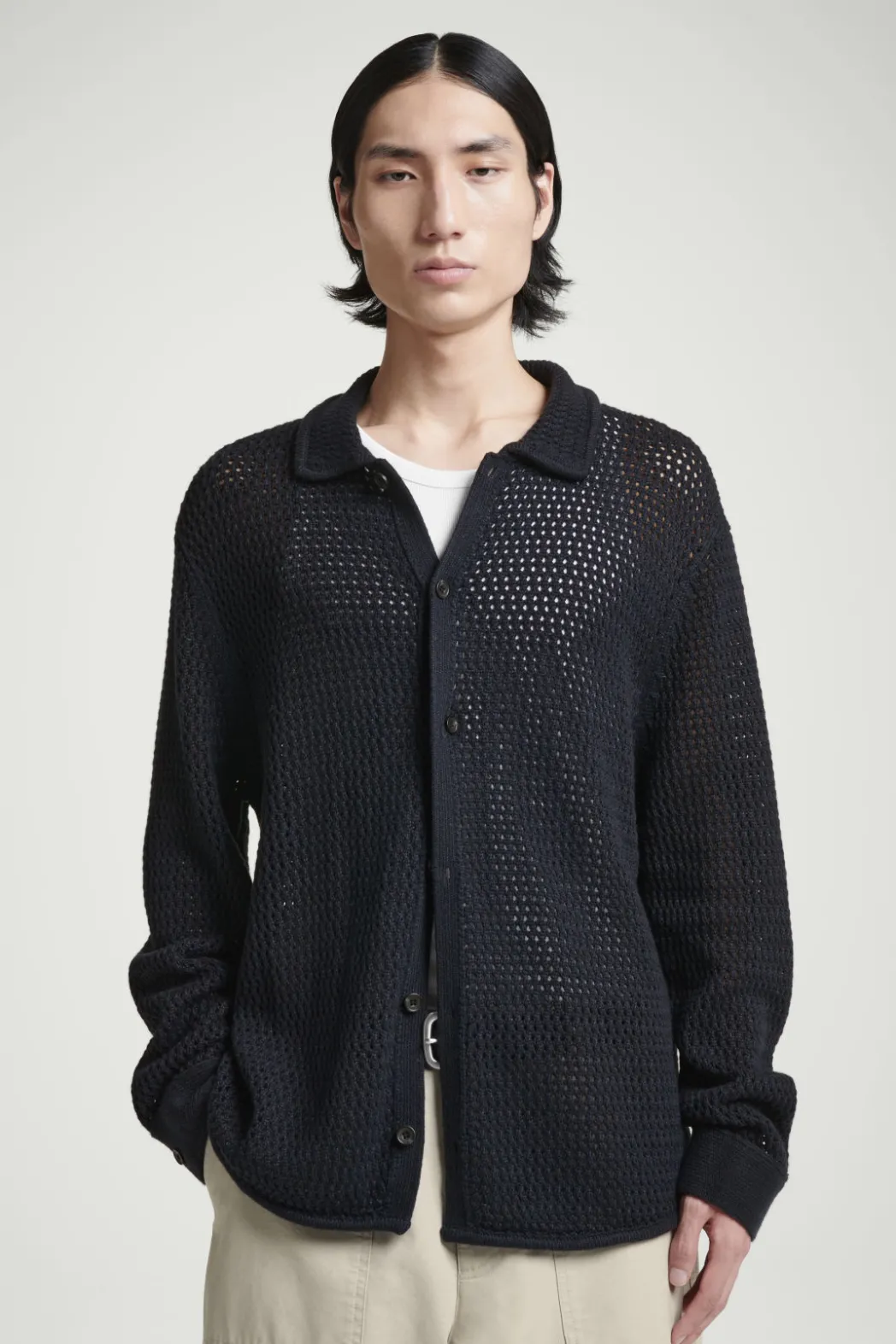 New COS COLLARED OPEN-KNIT WOOL CARDIGAN NAVY
