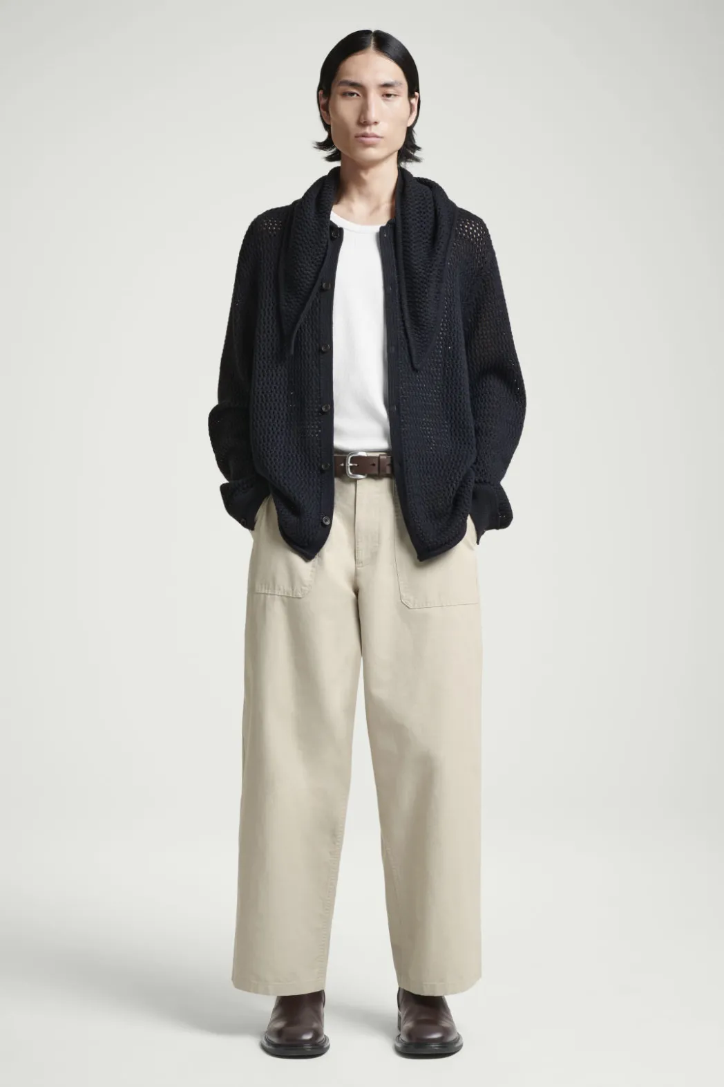New COS COLLARED OPEN-KNIT WOOL CARDIGAN NAVY