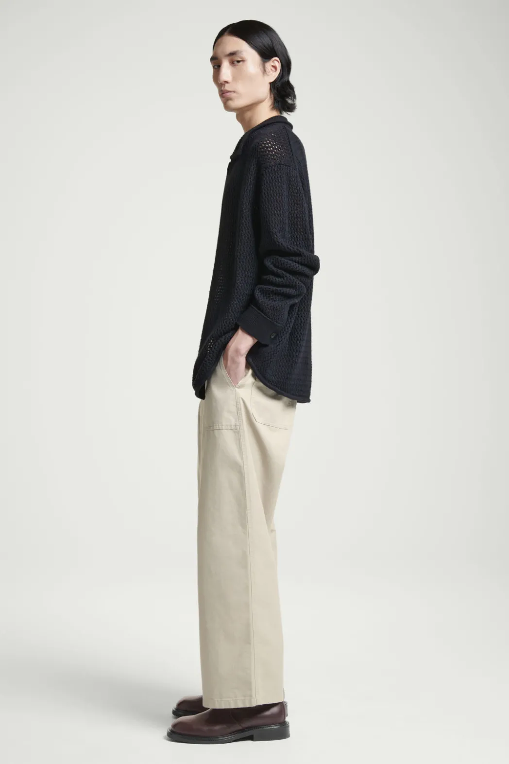 New COS COLLARED OPEN-KNIT WOOL CARDIGAN NAVY